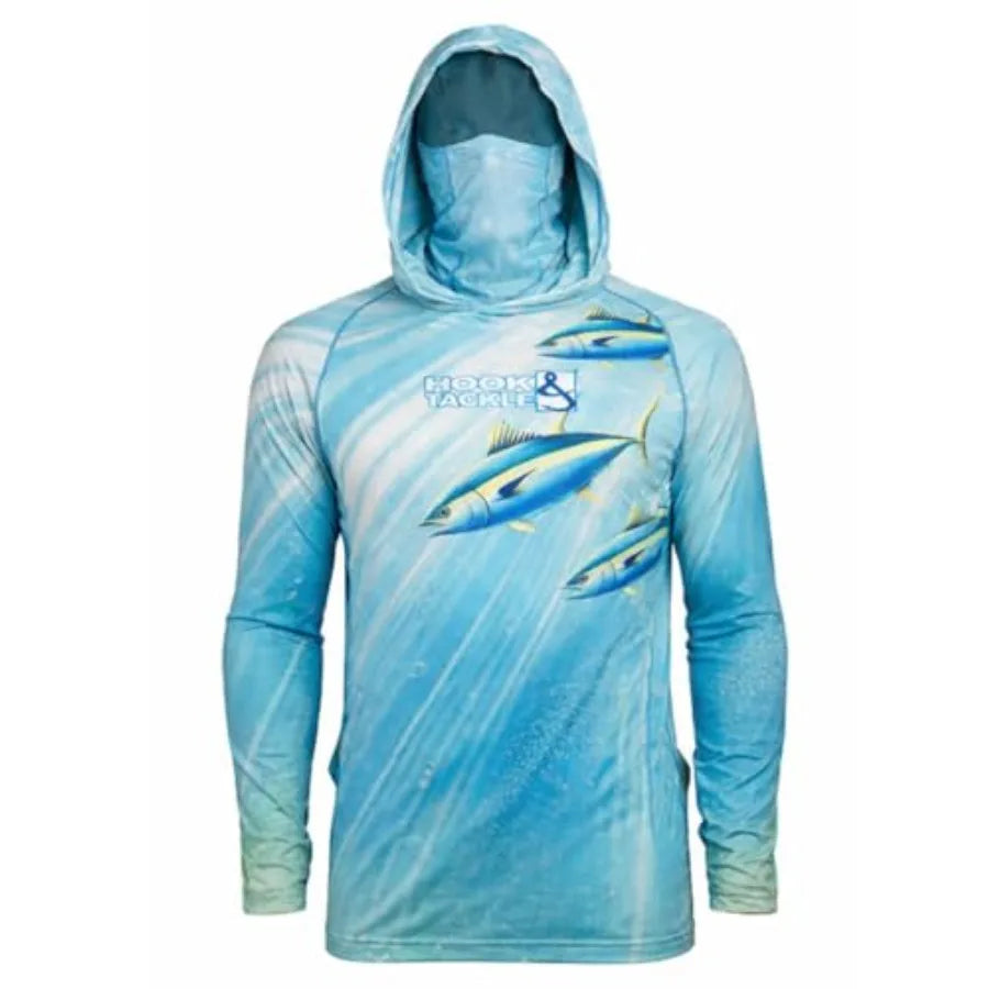 UV protection fishing hoodie gaiter for men, quick-dry polyester, navy blue, sun-safe long sleeve with integrated hood and face