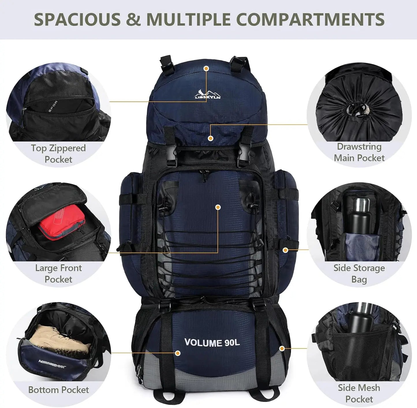 90L Hiking Backpack with Rain Cover, Waterproof Camping Backpack for Men Women, Blue