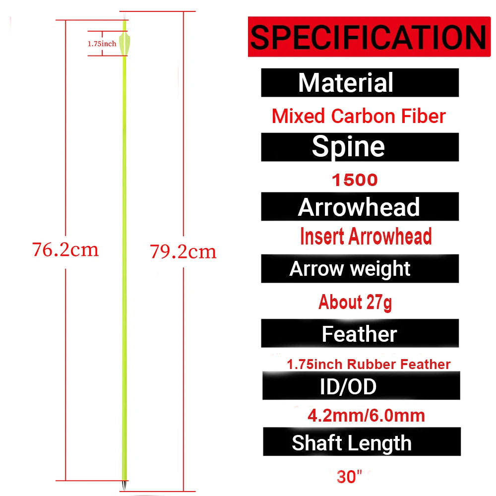 Archery Mixed Carbon Arrows 30inch Arrow Shaft SP1500 2inch Rubber Vanes Archery Bow Target Hunting Shooting Accessories,12pcs