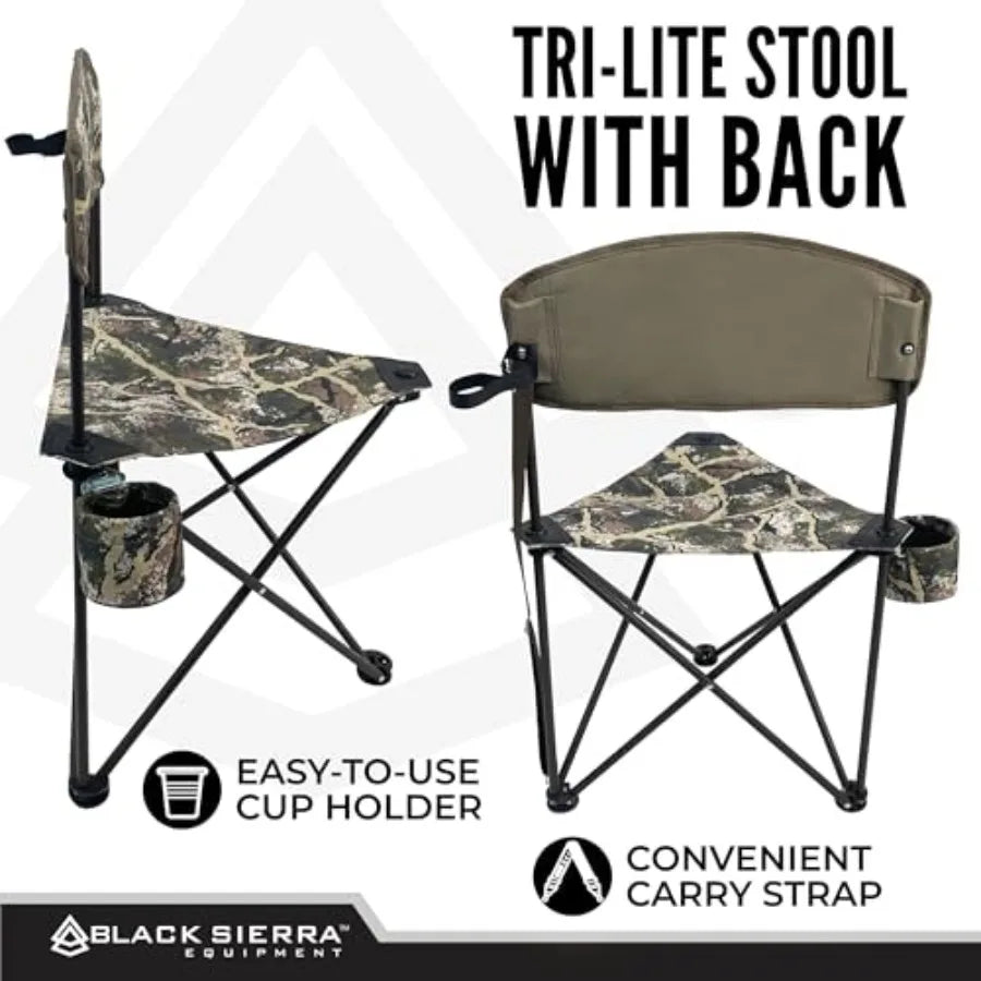 Black Sierra Tri-Lite Folding Stool with Backrest and Cup Holder, Lightweight Portable Hunting Fishing Chair with Carry Strap,