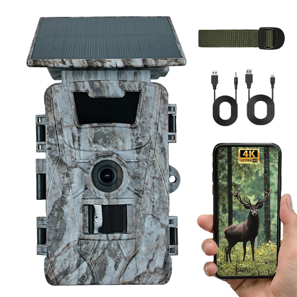 Solar Wildlife WiFi Cameras 60MP 4K Video Trail Camera App Control 0.2s Motion Activated Hunting Monitoring with 5200mAh Battery