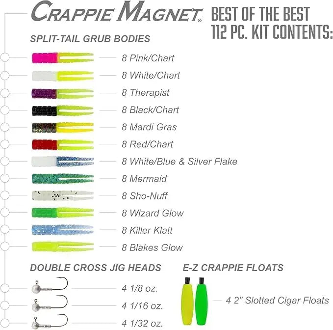 Crappie Magnet Best Kit: 96 Bodies, 15 Jig Heads, 4 Floats - Vertical Fishing Lures for Crappie