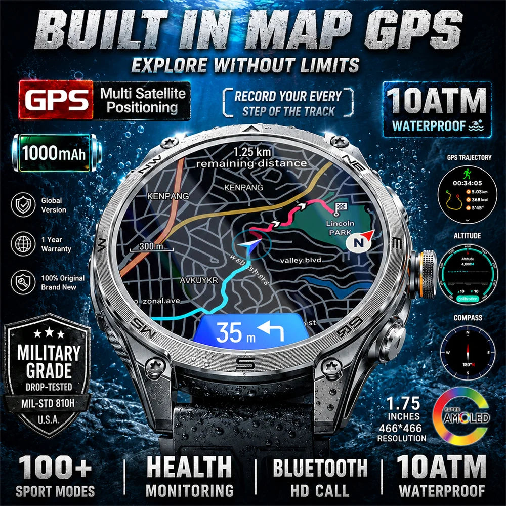 Military Grade Built‑in Map GPS Smart Watch 10ATM Waterproof 1000mAh 1.75" AMOLED Compass Altimeter BT Call Health Smart Watch