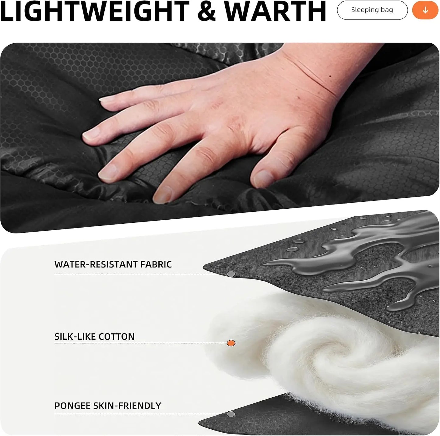 Lightweight Sleeping Bag 3lb, Packs 8"x14", 50-68°F, Machine Washable, Pairs to Double