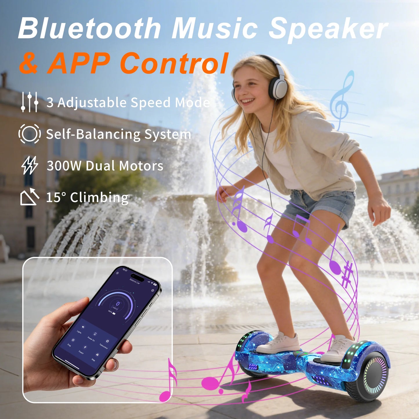 Commugo Self-Balancing Scooter with Bluetooth Speaker, APP Control, LED Lights, All Terrain Hoverboard for Kids Adults, All Ages