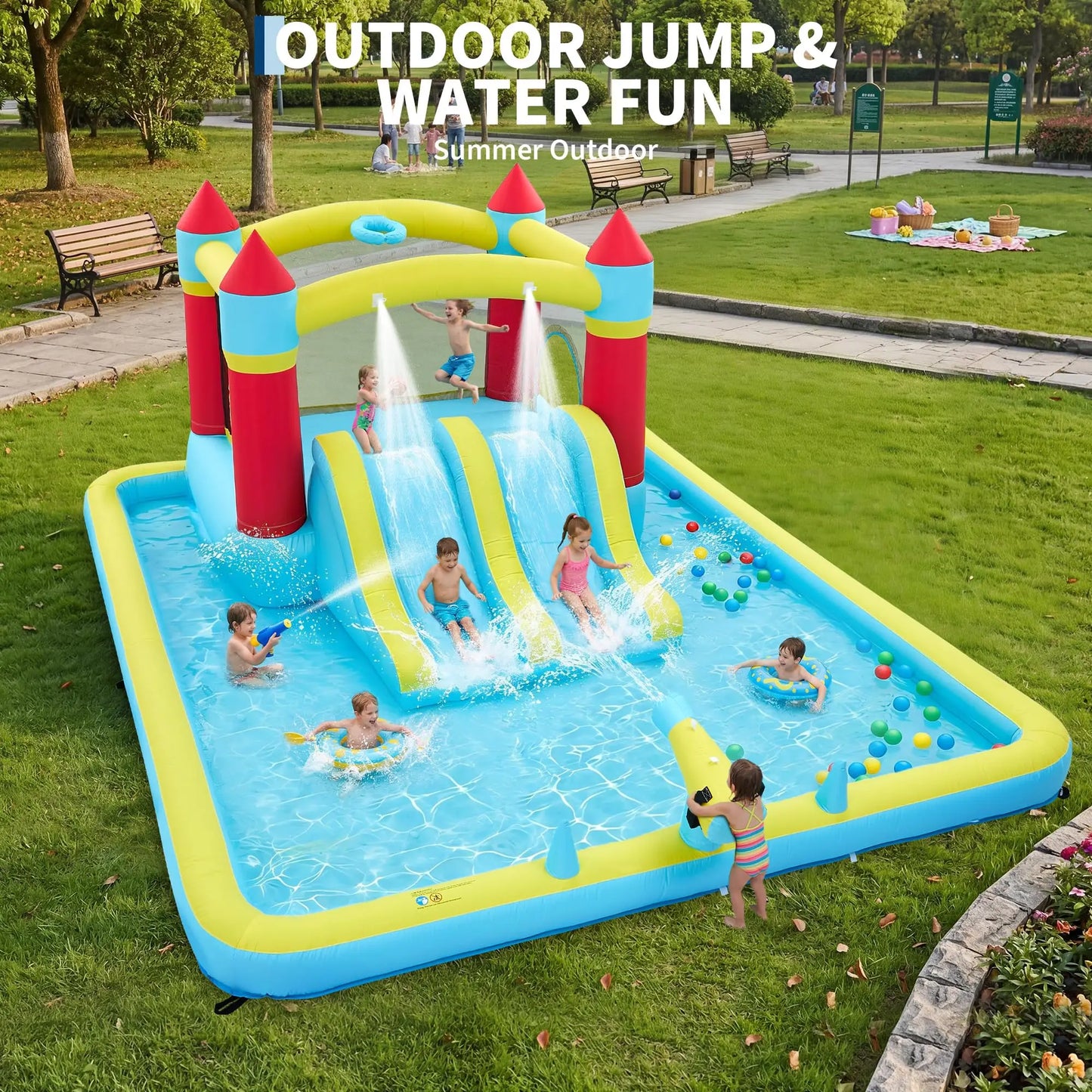 7-in-1 Kids Inflatable Bounce House Water Slide With Splash Pool, Basketball Hoop & 350W Blower, Outdoor Backyard Water Park