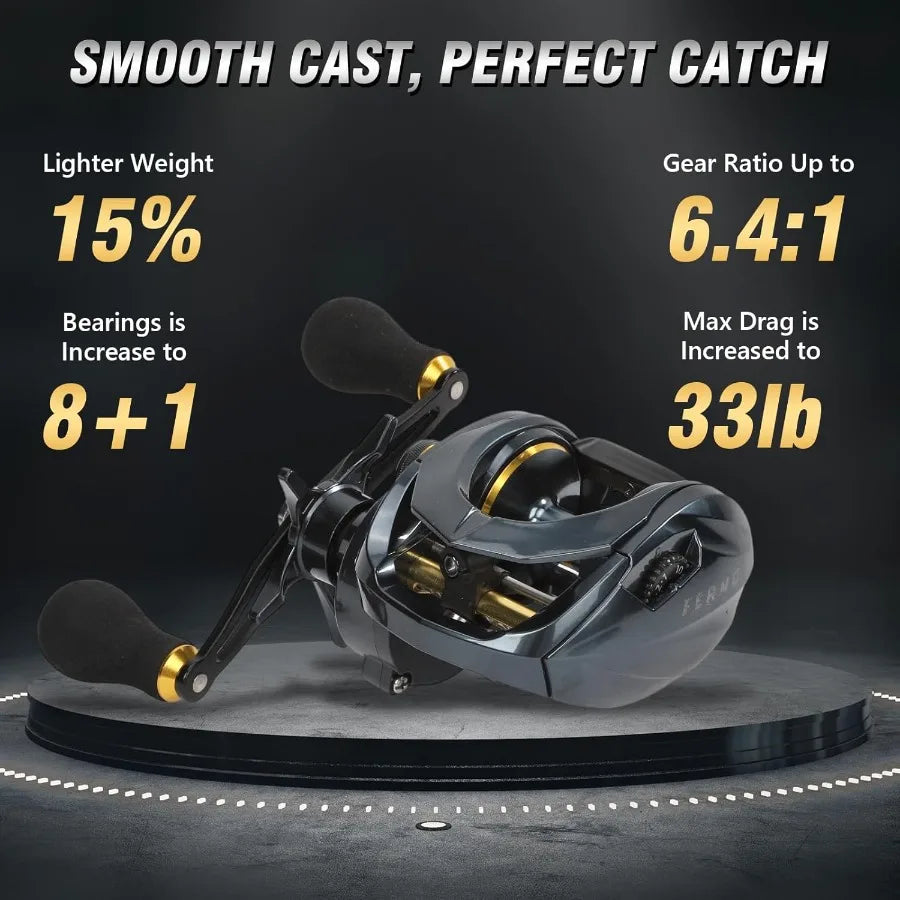 Baitcaster Reels with 6.4:1 Gear Ratio and 33 Lb Max Drag for Precision Casting in Freshwater and Saltwater Environments Featur