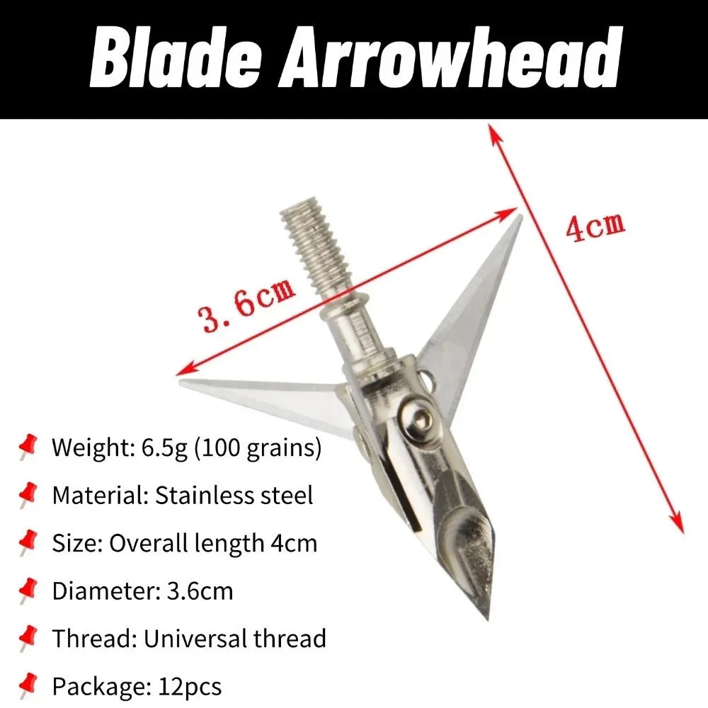 Broadheads 12pcs 3 Blade Stainless Steel 100Grain Screw-in Arrow Tips for Archery Outdoor Hunting Shooting Accessories