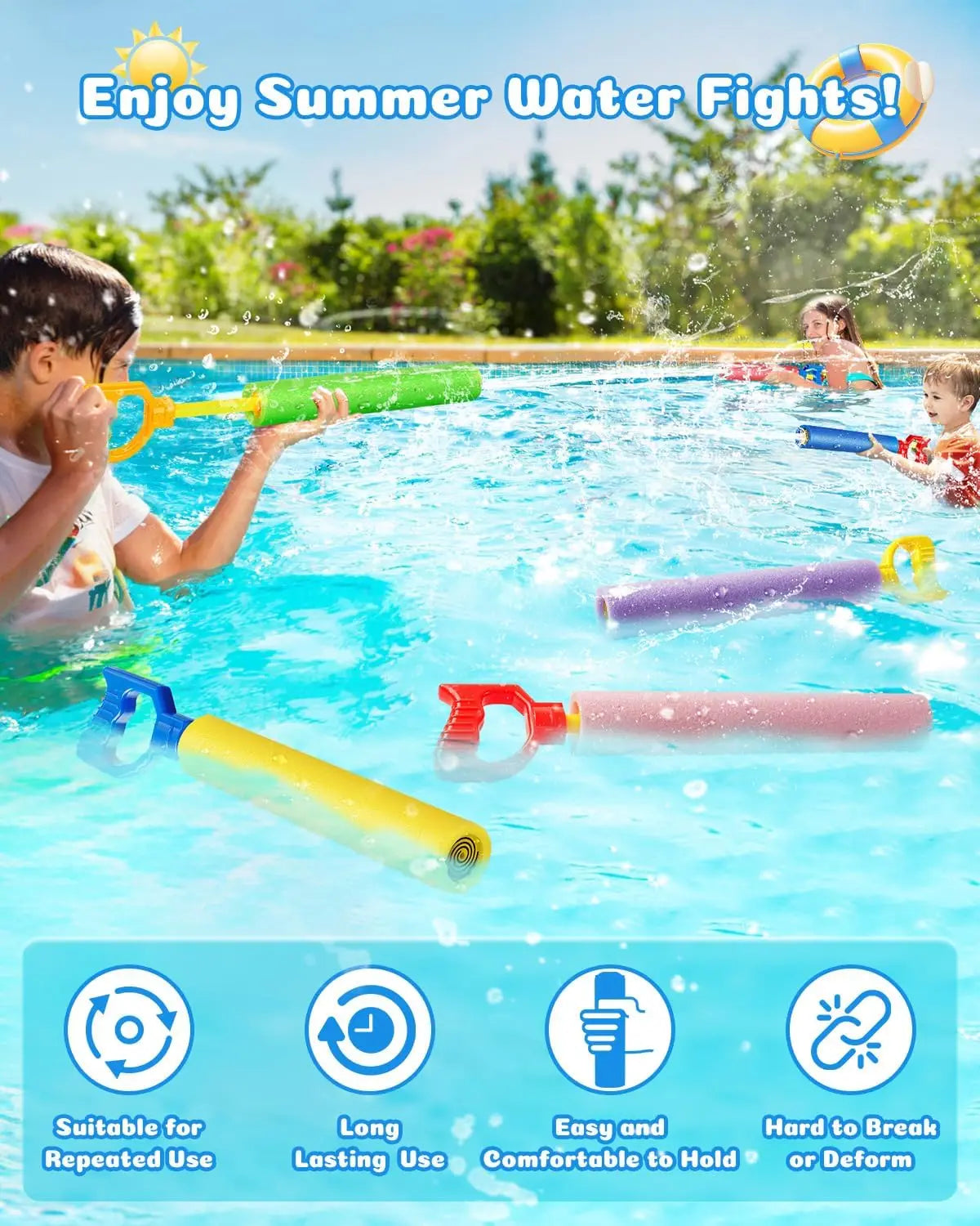 40ft Range Water Blaster Guns 6-Pack, Foam Soaker Toys for Kids Adults Pool Beach Summer Fun