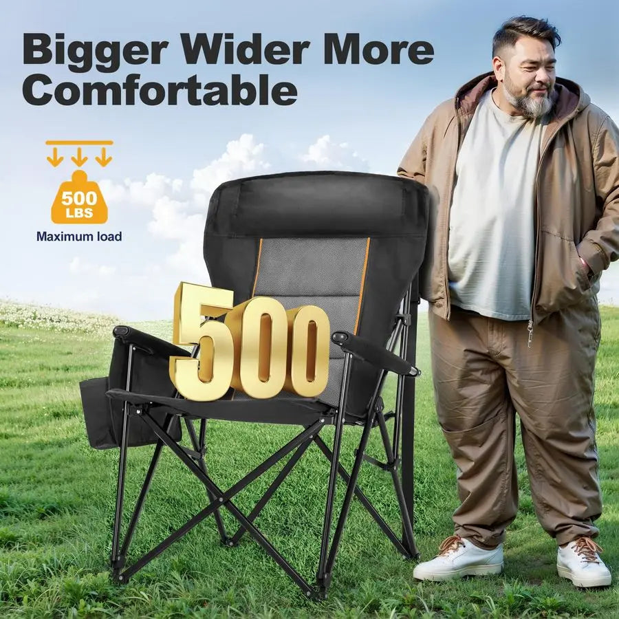 CAMP Oversized Camping Chairs 29.52 High Back Heavy Duty Lawn Chair Support 500LBS, Portable Collapsible Chair with Cup Holder,