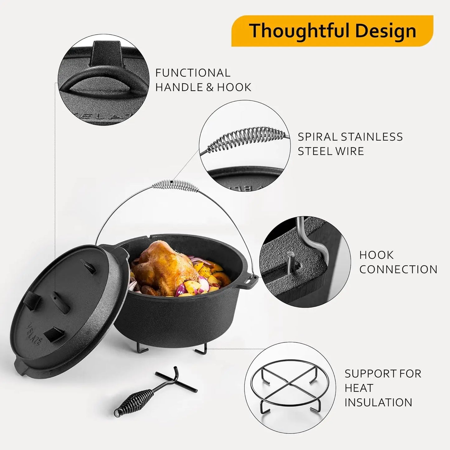 10QT Cast Iron Camping Dutch Oven, Pre-Seasoned with Lid, for Stove, Grill, Oven or Campfire, Metal Handle & Lid Lifter Included