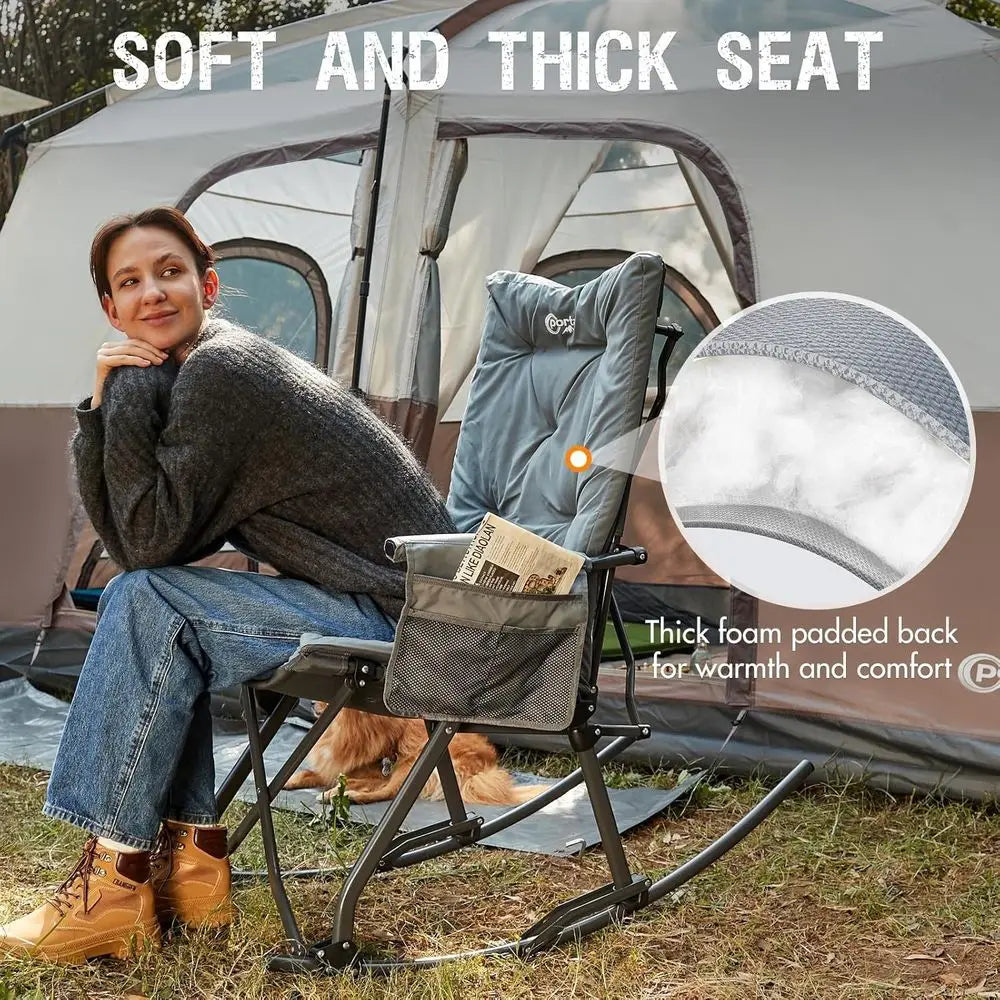 Thick-Padded Portable Rocking Recliner Chair for Outdoor Camping, Patio, and Backyard - Supports 400 lbs