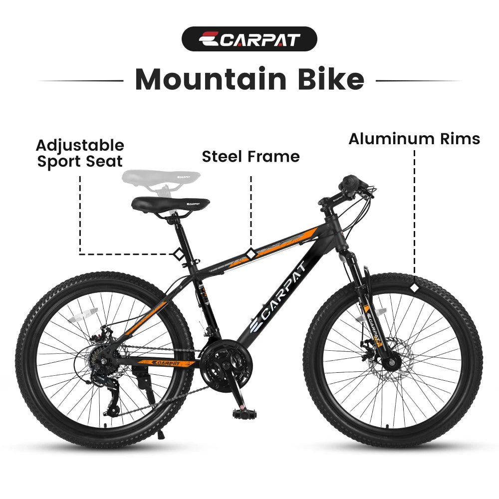 26 Inch Mountain Bike for Adults & Teenagers, 21 Speed Smooth Shifting System, High-Carbon Steel Frame, Front & Rear Mechanical Dual Disc Brakes, Front Suspension All Terrain MTB Bicycle