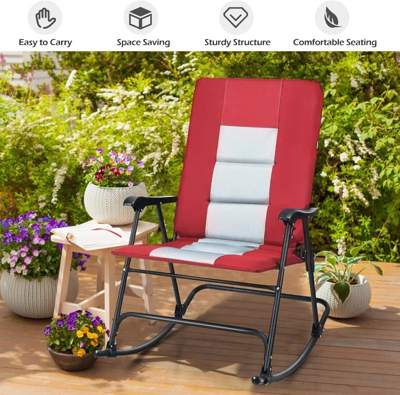DORTALA Foldable Rocking Chair, Oversized Camping Rocking Chair w/High Back, Padded Folding Lawn Chair, Support 350 lbs,Portable