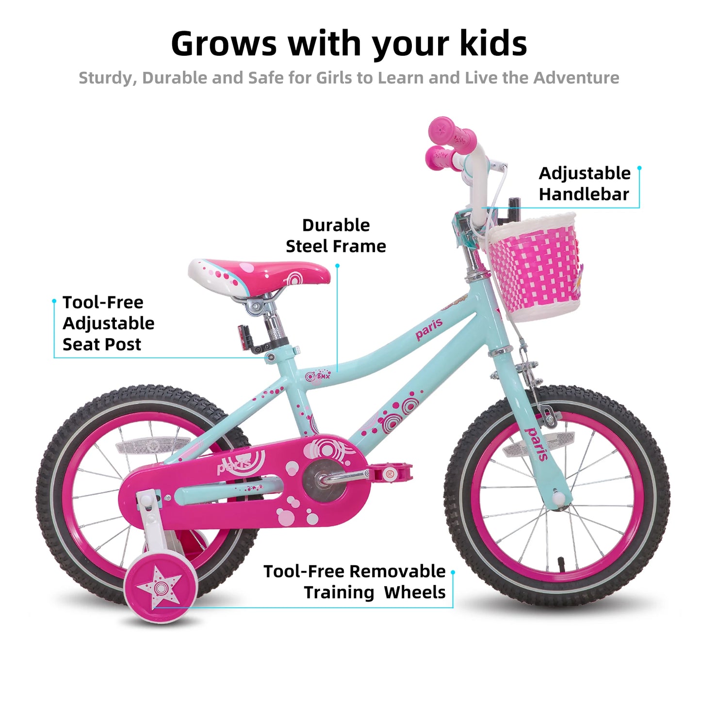 JOYSTAR Paris Girls Bike 14-20 Inch Training Wheels Handbrake Basket Kids Bicycle Ages 3-10Y