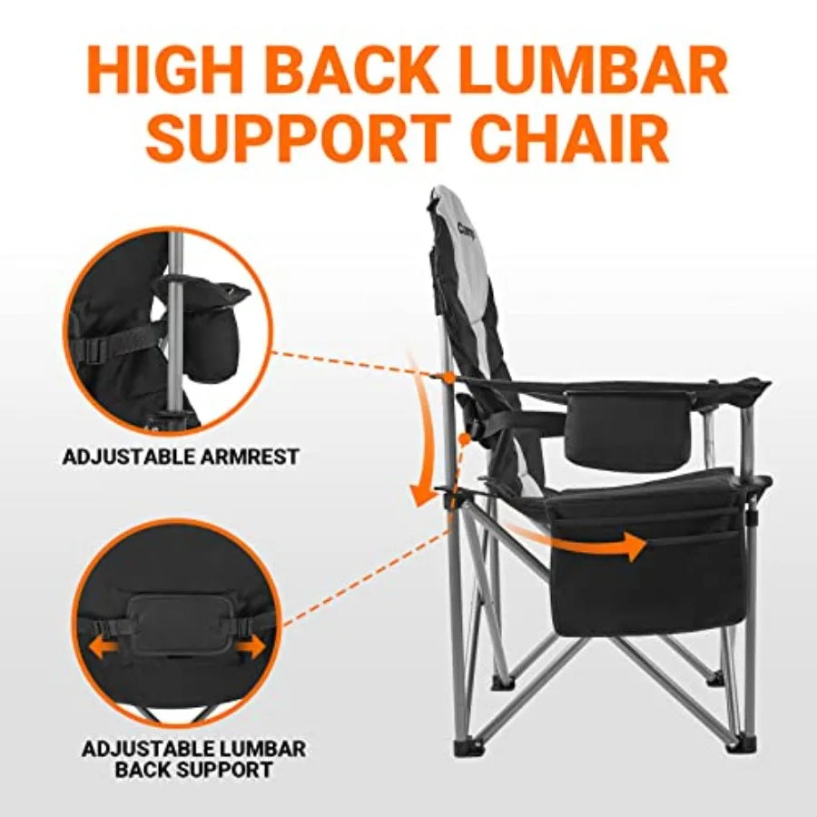 Folding Portable Camping Chairs Padded Quad Arm Chair with Cooler Bag, Cup Holder and Side Pocket, Heavy Duty Supports 300 lbs