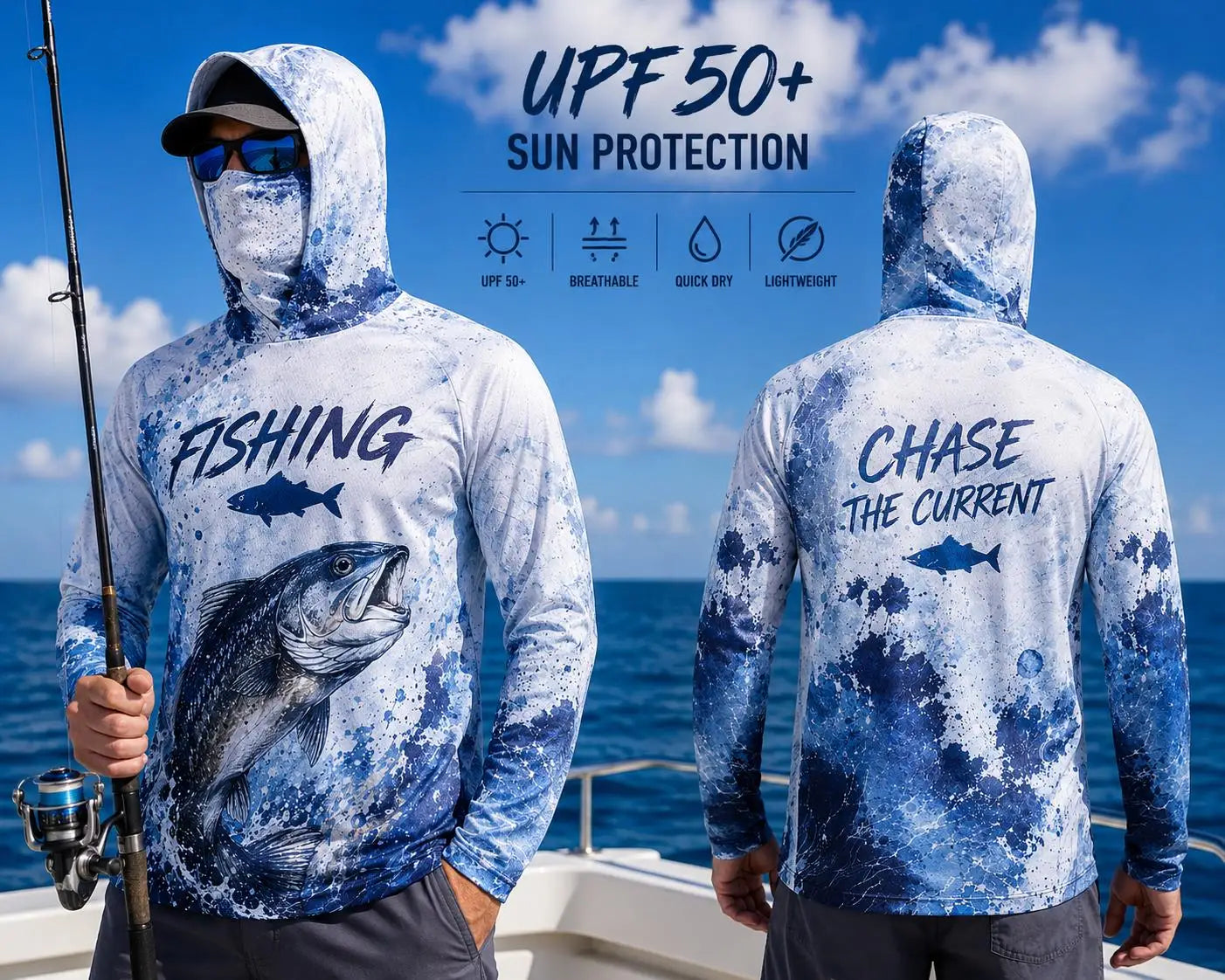 Men Fishing Hoodie Shirt Protection Long Sleeve Face Cover Quick Dry Sun Protection Fishing Jersey Performance Sailfish