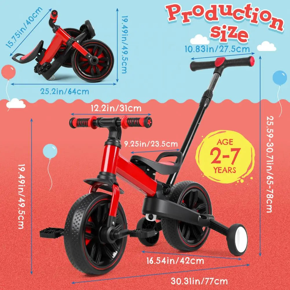 Kids Balance Bike 2-5 Years 6 in 1 Folding Push Bicycle with Training Wheels Pedals Brakes Kickstand for Boys Girls