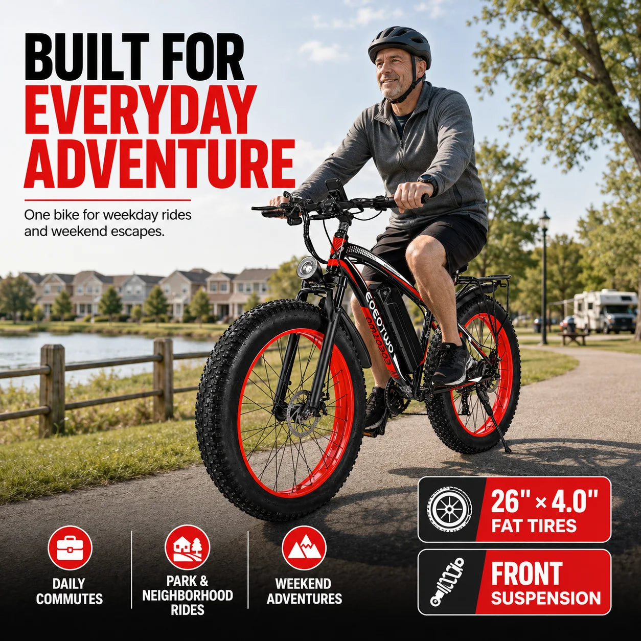 EOEOTWO 26" Fat Tire Electric Bike for Adults, 1000W Motor 1500W Peak, 48V 15Ah Battery, 34 MPH Max Speed, Up to 60 Miles Long Range