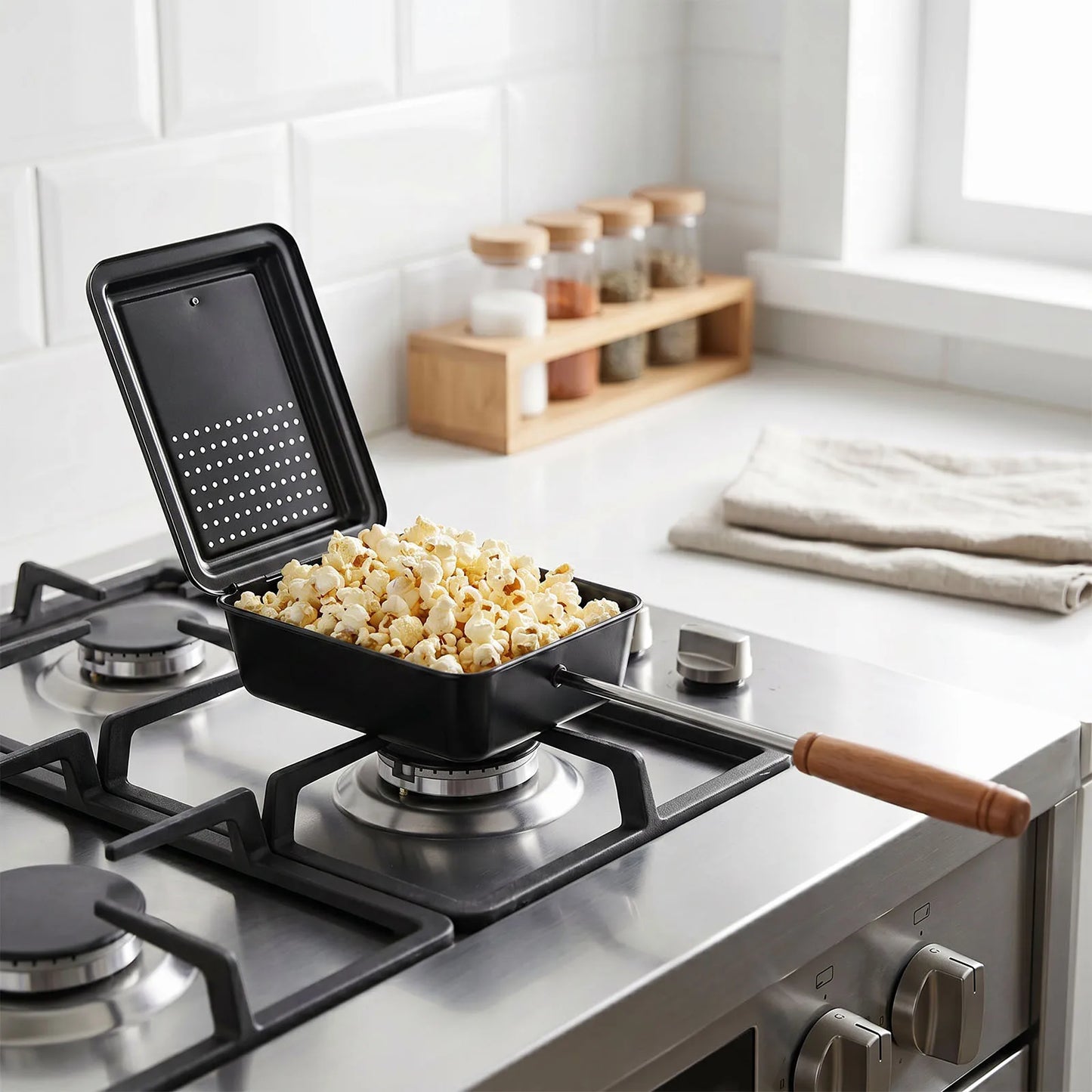 Cast Iron Popper with Nonstick Finish and Extended Handle Fireplace Popcorn Popper for Backyard RV Camping and Home Use