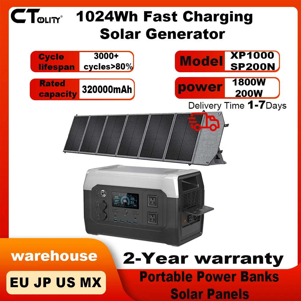 CTOLITY XP1000 SP200N RV Camping1800W Portable Power Station 320000mAh Solar Generator With 200W Solar Panel Foldable Portable