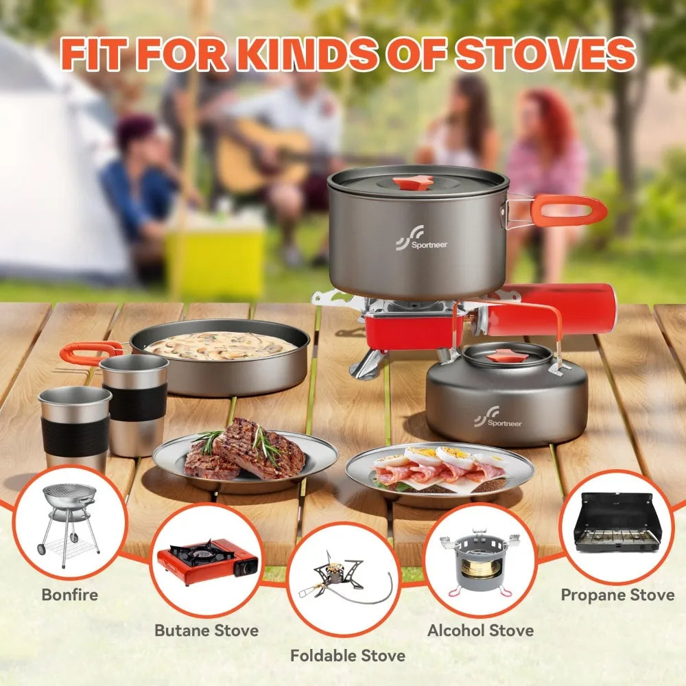18-Piece Non-Stick Camping Cookware Set, Lightweight Pots & Pan with Kettle, Stainless Steel Cups, Plates & Utensils for Outdoor Cooking, Hiking, Picnic