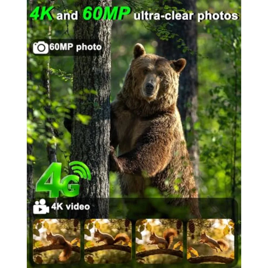 Wildlife monitoring trail camera for hunting: 4G cellular, 4K 48MP wide-angle 120 lens, black, solar-powered with IP68 waterpro