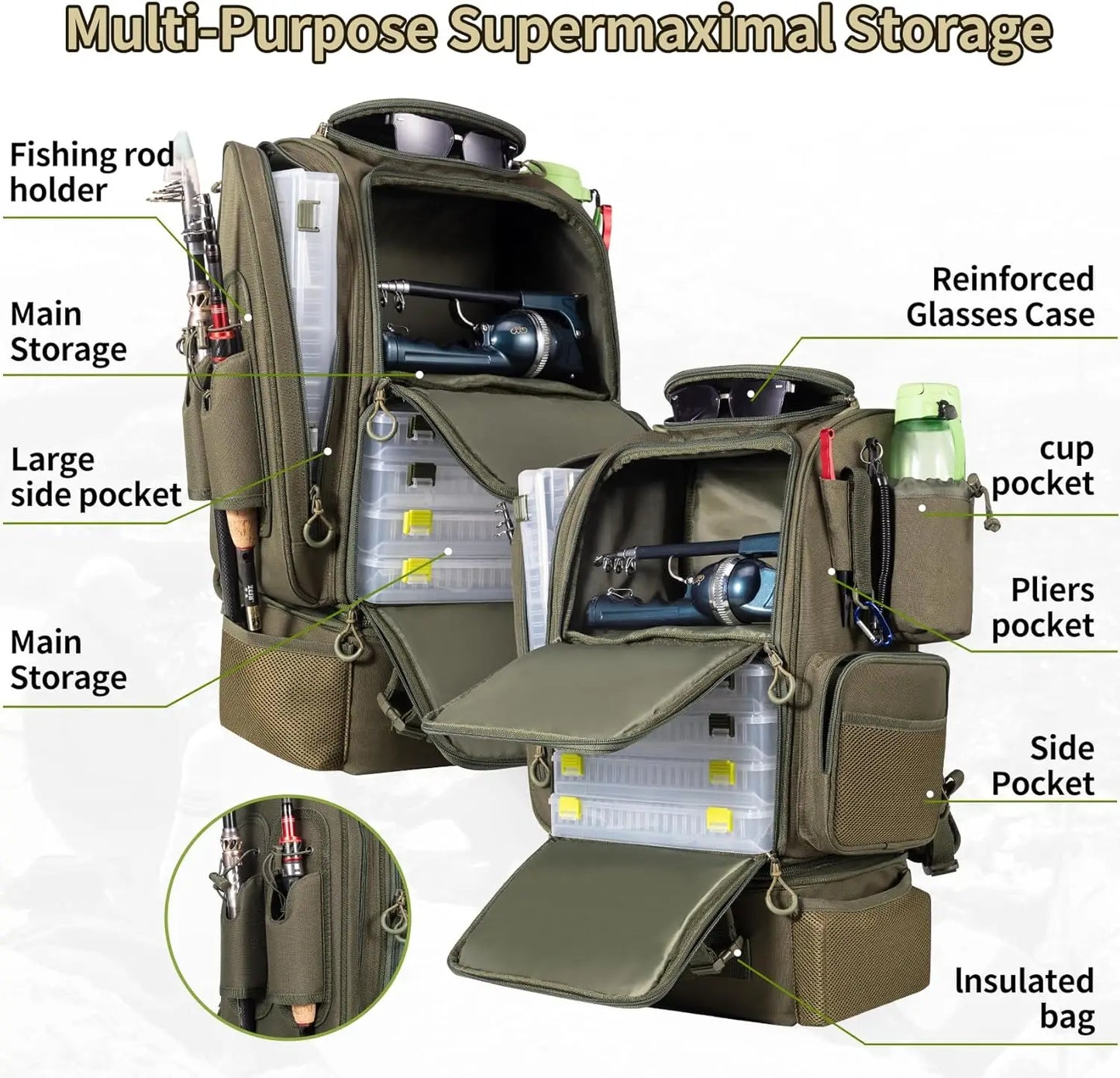 Large Fishing Backpack with Cooler, Rod Holders for 3 Tackle Boxes - Waterproof Outdoor Bag for Camping Hiking