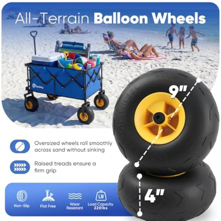 Heavy Duty Beach Wagon with 9 Sand-Proof All-Terrain Wheels 600lb Capacity 200L Oversized Foldable Cart for Sand Camping Grocer