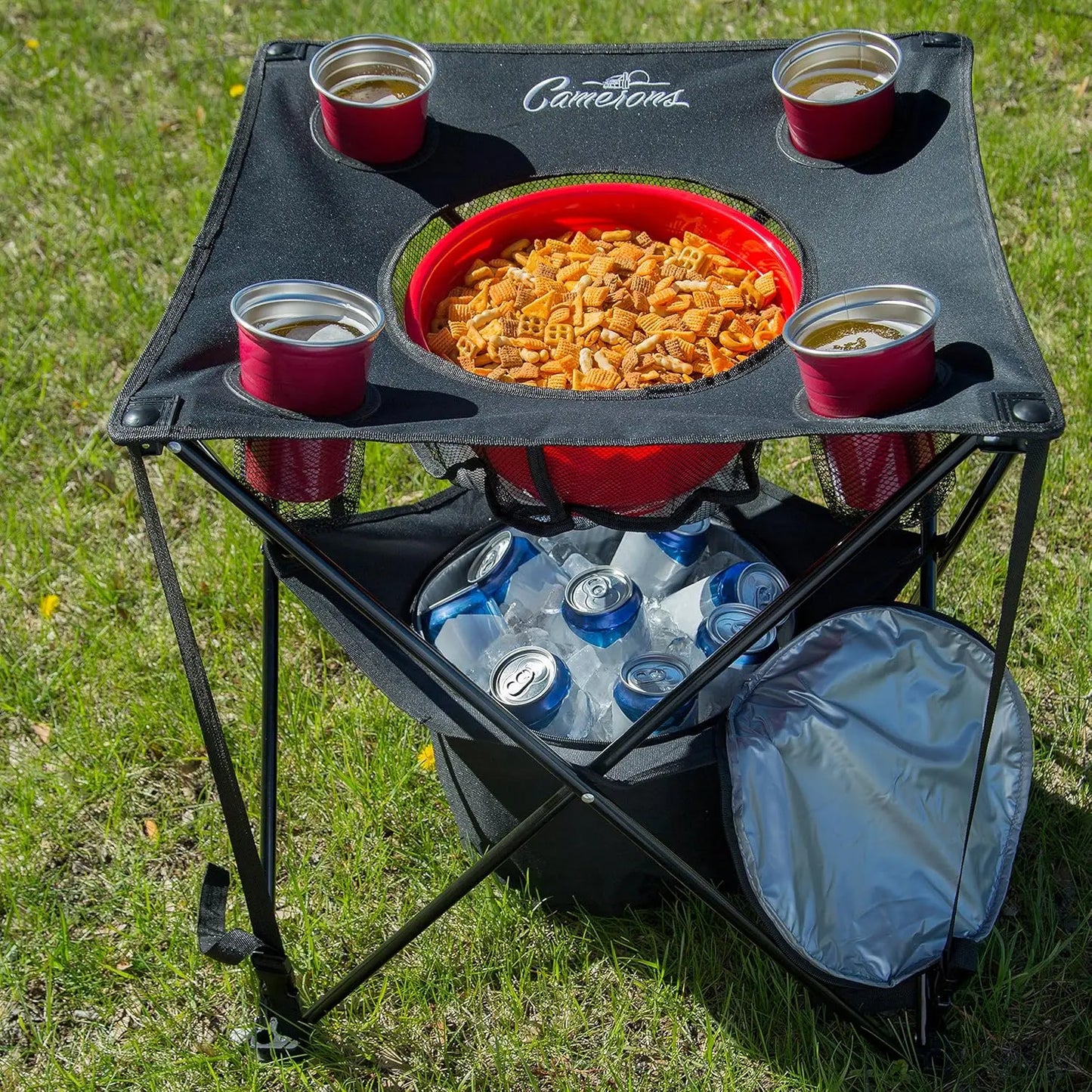 All-in-One Portable Folding Camping Table with Insulated Cooler, Cup Holders & Food Basket for Outdoor BBQs, Beach & Camp Trips