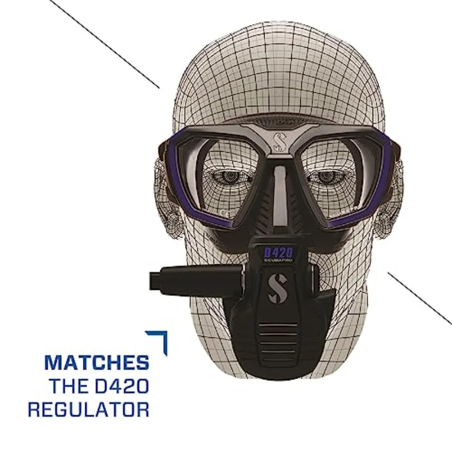 Scuba Diving Mask for underwater use, silicone and tempered glass, blue/black, wide field of view and anti-fog coating