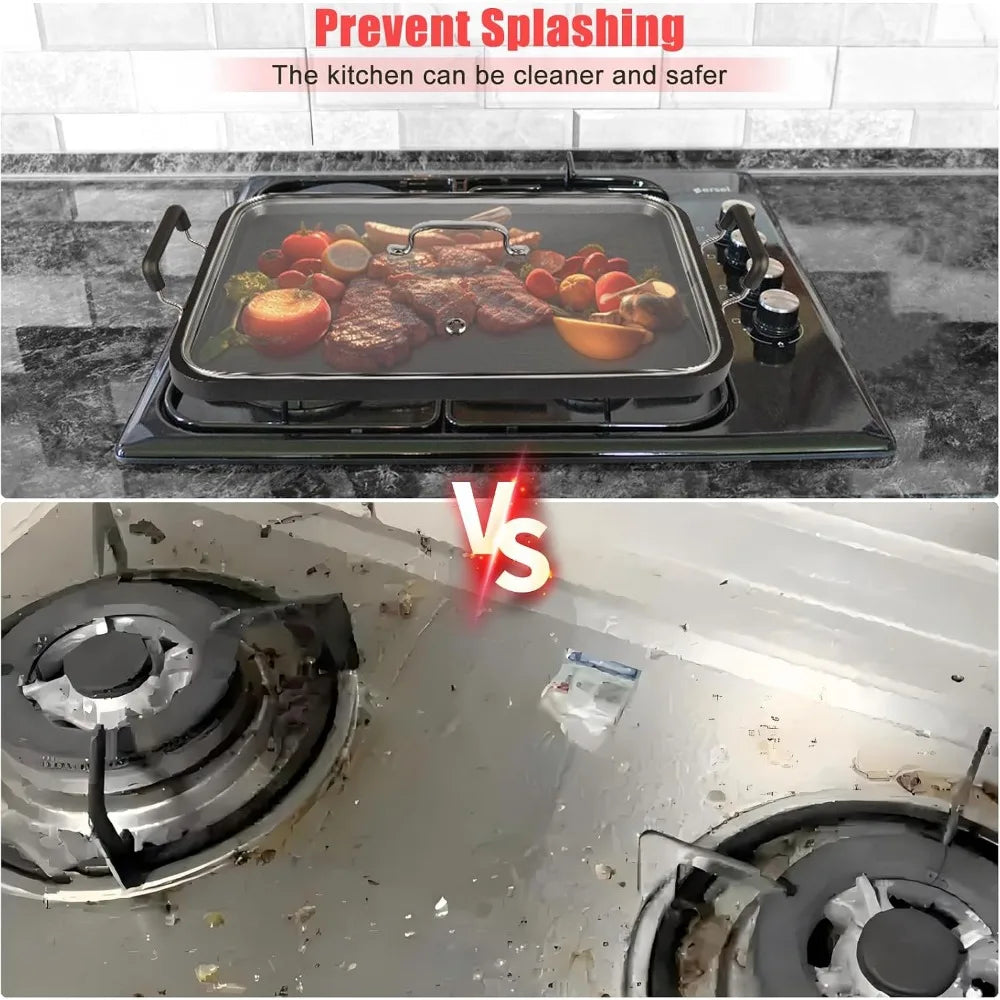 2 Burner Griddle Pan with Glass Lid, Non-Stick Aluminum, for Gas & Electric Stoves, Camping & Home
