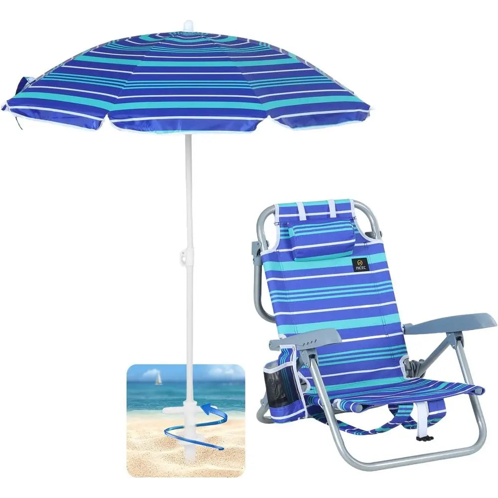 Portable Reclining Beach Chair with Umbrella and Cup Holder for Kids, Suitable for Beach, Camping, and Picnics