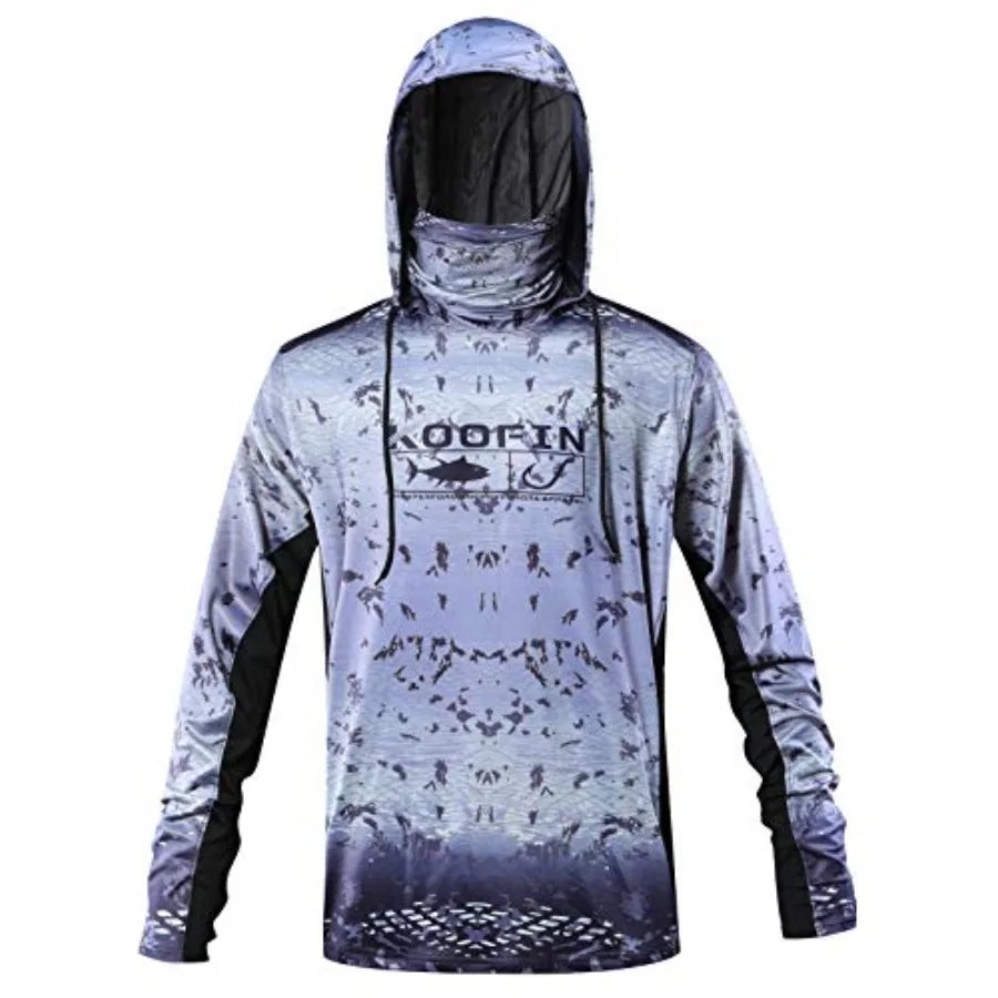 Performance Fishing Hoodie with Face Mask UPF50 Sunblock Shirt Hooded Long Sleeve with Drawstrings Pocket