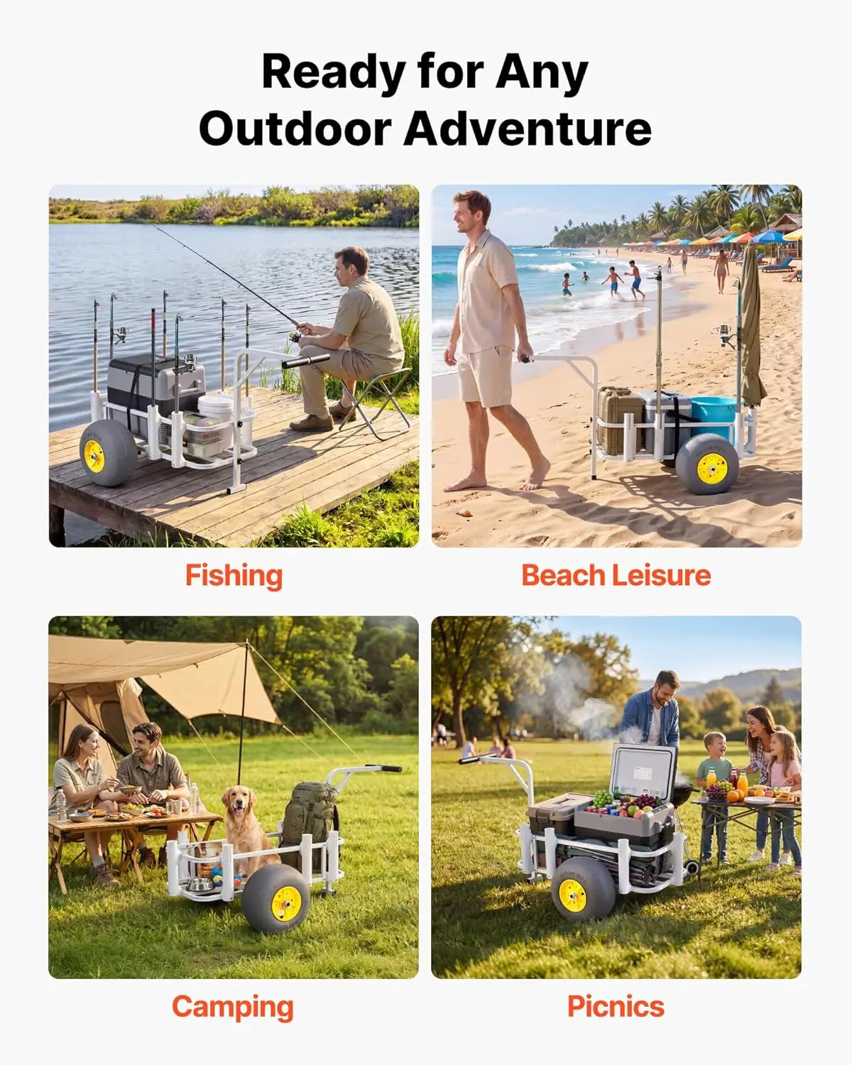 Beach Fishing Cart 200LBS Load Carbon Steel Frame 13in All-Terrain PU Tires 7 Rod Holders Camping Picnic