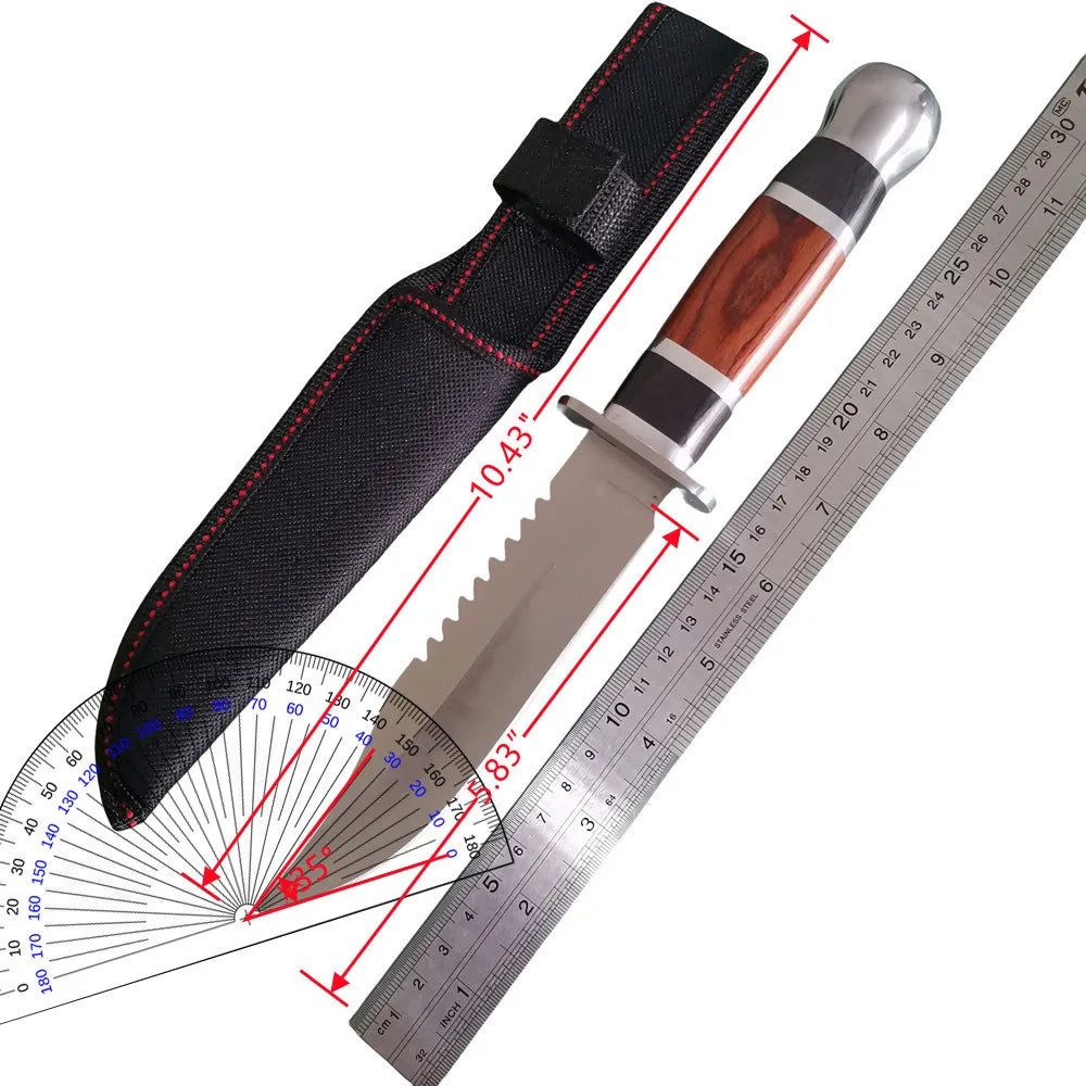 60HRC Stainless Steel Fixed Blade Tactical Hunting Knife - Outdoor Survival & Camping Tool with Ergonomic Wood/Aluminum Handle &
