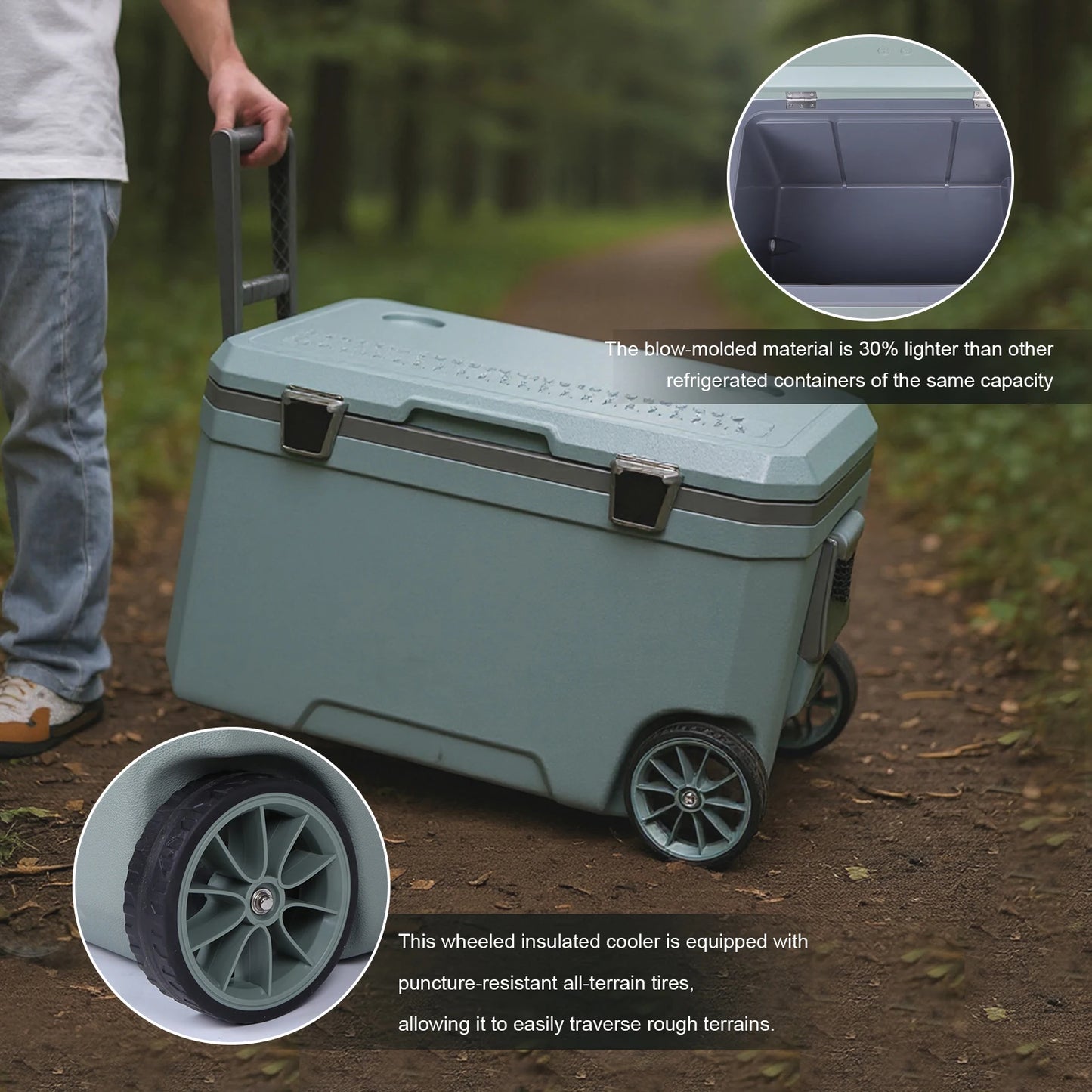 70L Camping Cooler Hard Shell Portable Car Wheel Insulator Plastic Cooler Box Ultra-Light with Handle for Beach Beverage Camping