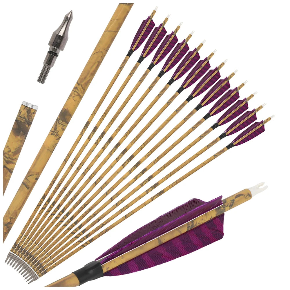 12PCS 30inch Archery Carbon Arrows 4" Natural Feather 500 Spine Removable Tips for Compound Recurve Bow Hunting Target