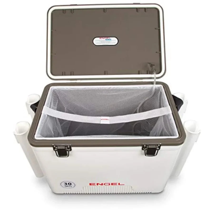 Fishing bait station: 30qt white live bait cooler box with 2nd gen 2-speed aerator pump and 4 rod holders, polyethylene, white,
