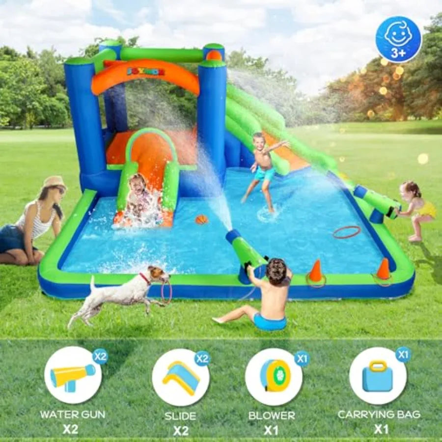 Inflatable Water Slide Bounce House for 3-6, 30s Blow Up Water Slide w/Basketball Hoop, Water Cannon, Ring-Toss Game, Inflatabl