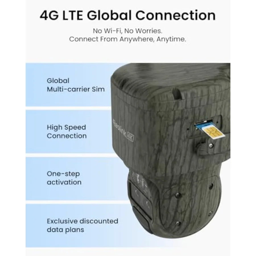 Wildlife monitoring outdoor security camera with 4K dual lens, 4G cellular connectivity, 6X hybrid zoom, IP66 waterproof housin