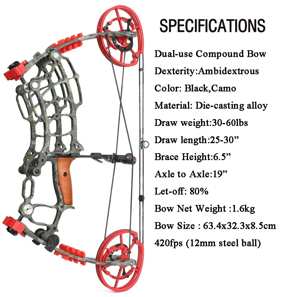 Compound Dual-use Bow Set 30-60lbs Adjustable Draw Weight 19" Axle 80% Let-off 420FPS High Speed Steel Ball Compatible Right Hand for Adults Outdoor Hunting Target Shooting Archery Accessories
