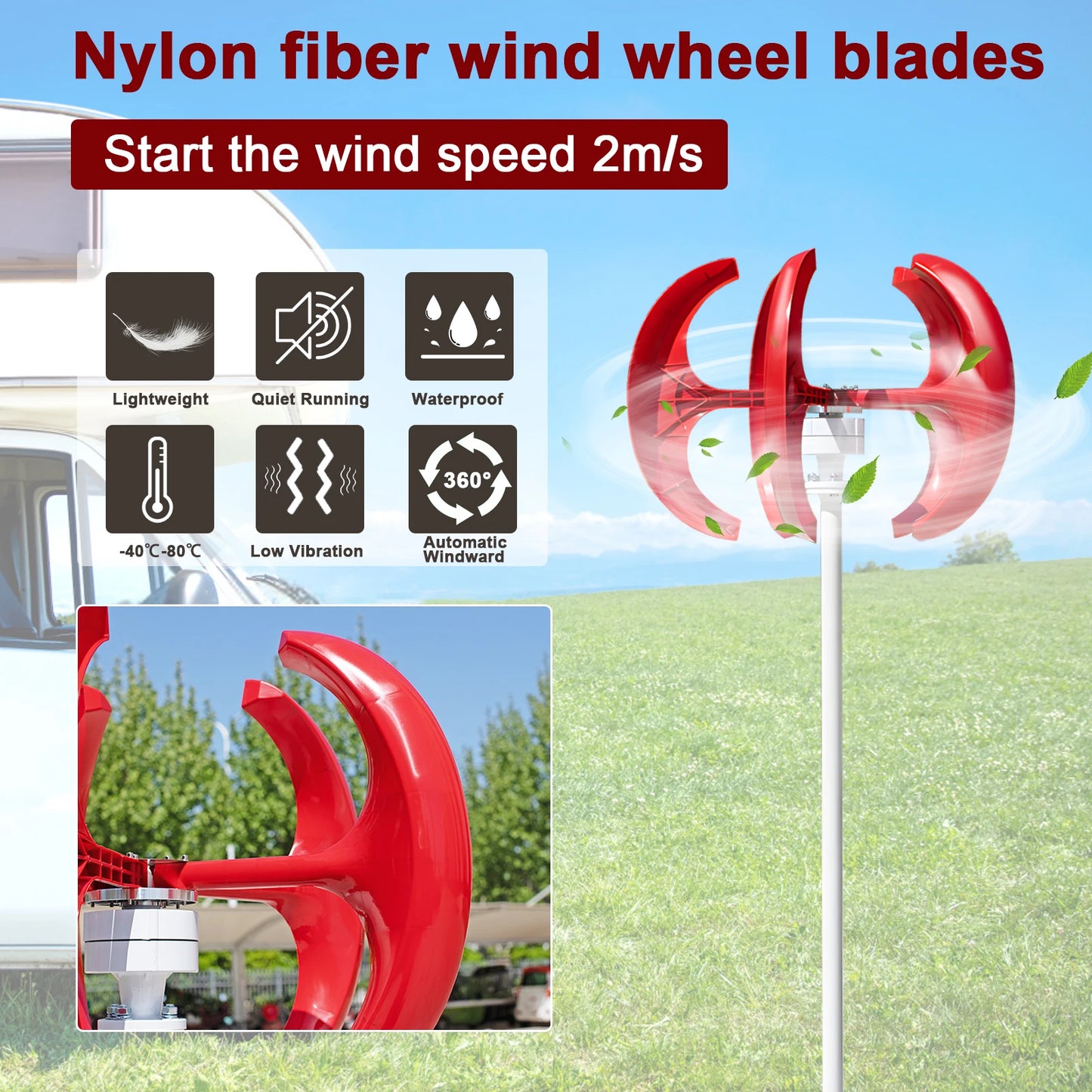1000W 12V/24V Wind Turbines Generator, 5-Blade Lantern Wind Turbines Generator Kit,  Wind Electricity Producer Equipment