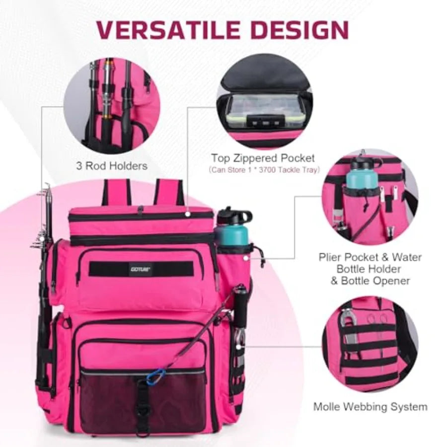 Fishing Backpack with Cooler, 66L 600D Tackle Backpack with 3 Rod Holders, Helmet Holder, Rain Cover, Saltwater Large Fishing B