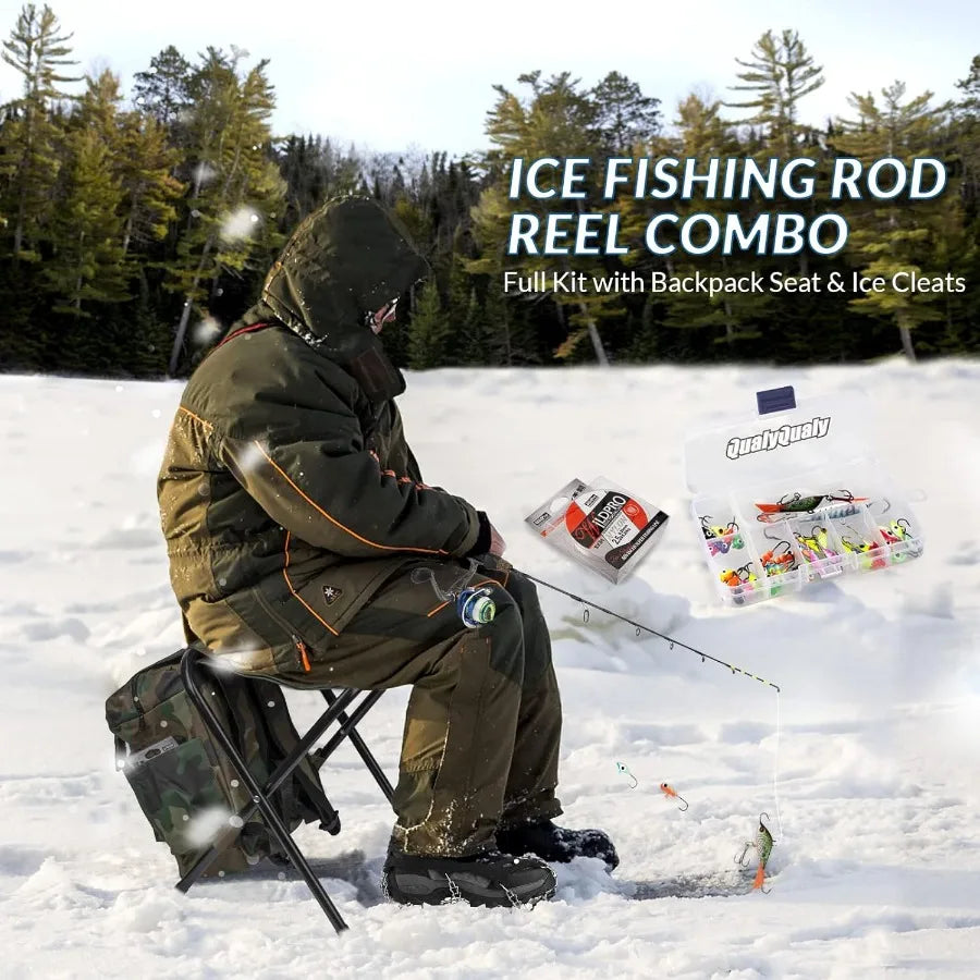 Complete Ice Fishing Gear Set with Backpack Seat Ice Cleats Jigs Line and Reel Combo for Winter Fishing in Cold Conditions Incl