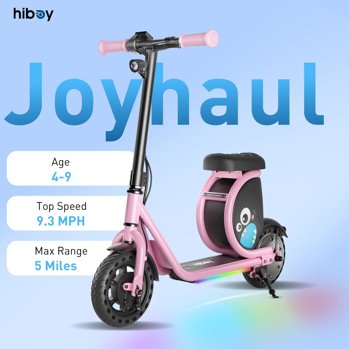 Hiboy Joyhaul Electric Scooter for Kids 4-10 Years, 100W Brushless Motor, 5 Miles Range 56Wh Battery, LED Neon Lights & Under-Seat Storage, Front Drum Brake Safety, Lightweight Foldable for Boys Girls