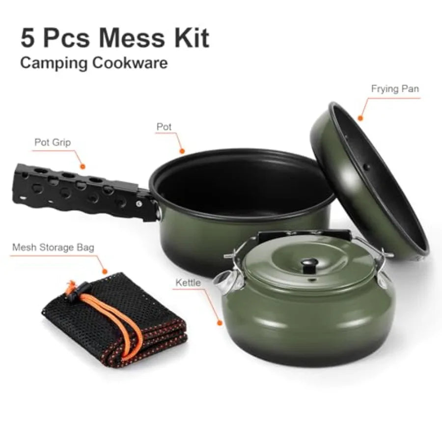 5pcs Camping Cookware Non-Stick Camping Pot and Pan Set with Kettle and Removable Handle for Hiking Backpacking and Picnic