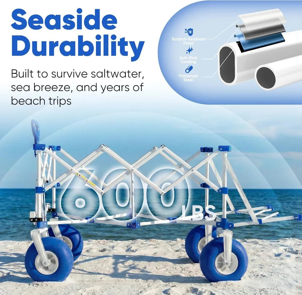 Heavy Duty Beach Wagon with 9" Sand-Proof Wheels, 300L Foldable Cart, Adjustable Handle, Cooler Bag for Camping