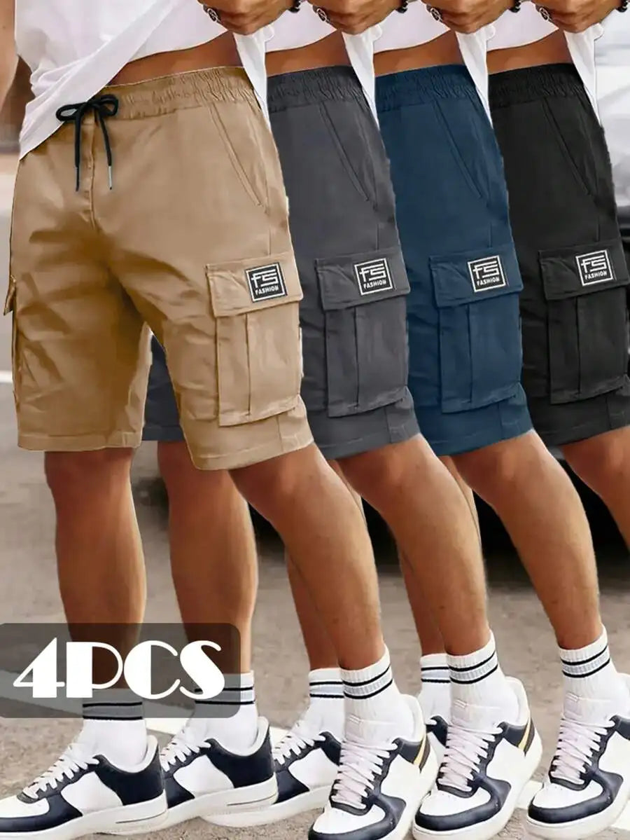 4pcs Mens Lightweight Cargo Shorts, Elastic Waist With Drawstring, Multiple Pockets, Loose Fit For Summer Outdoor Activities