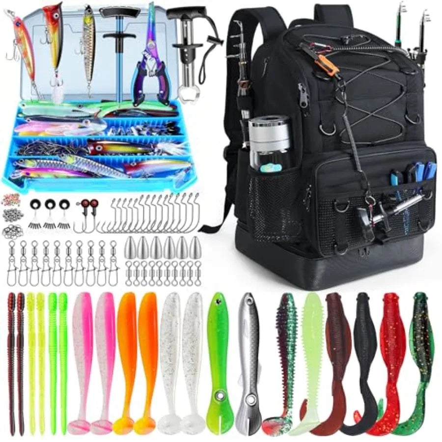 Fishing Backpack with Tackle Boxes and Rod Holder, Cooler, 30L Large Tackle Bag with Fishing Gear Lures Kit, Waterproof Bottom